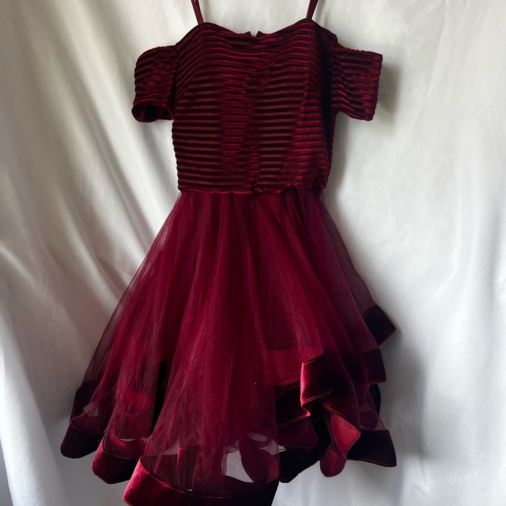 La Femme Burgundy Striped Velvet Trim Textured Off-Shoulder Cocktail Prom Dress